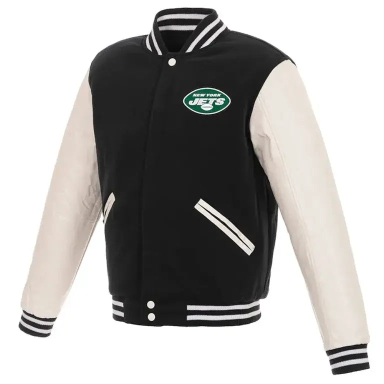 New York Jets Two-Tone Black Wool & White Genuine Leather Sleeves Men's Varsity Letterman Jacket