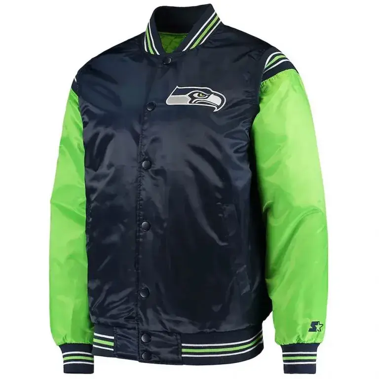 Seattle Seahawks Full-Snap Varsity White & Neon Green Satin Men's Bomber Jacket