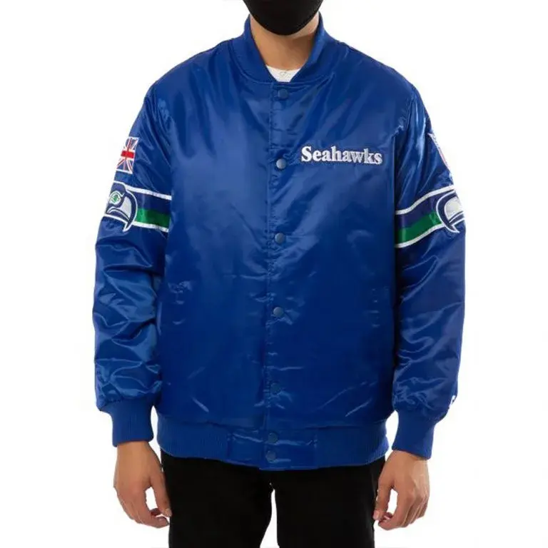 80s Seattle Seahawks Full-Snap Varsity Royal Blue Satin Men's Bomber Jacket