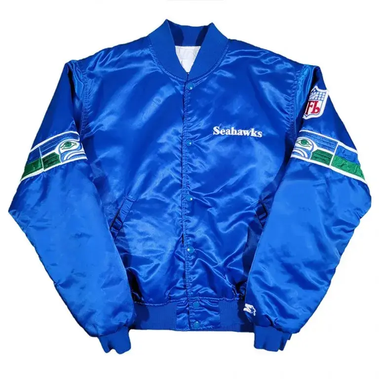 80s Seattle Seahawks Full-Snap Varsity Royal Blue Satin Men's Bomber Jacket