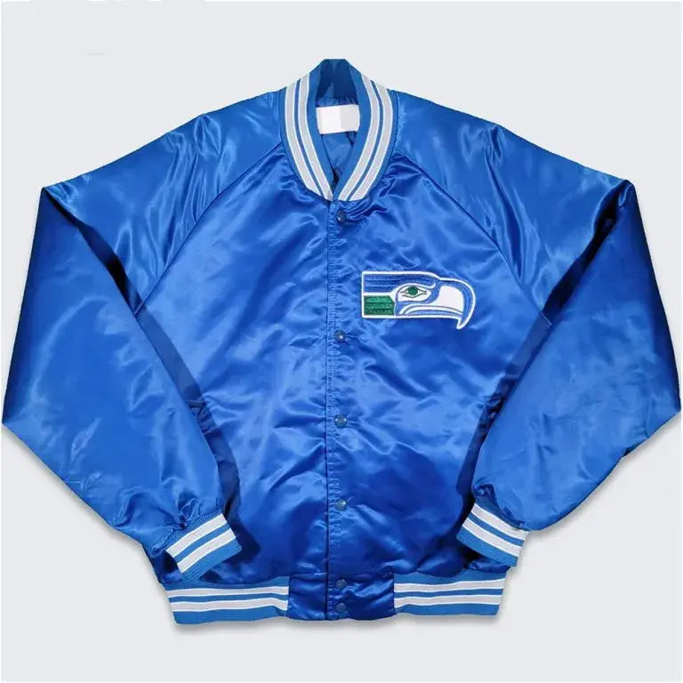 80s Seattle Seahawks Full-Snap Varsity Royal Blue Satin Men's Bomber Jacket