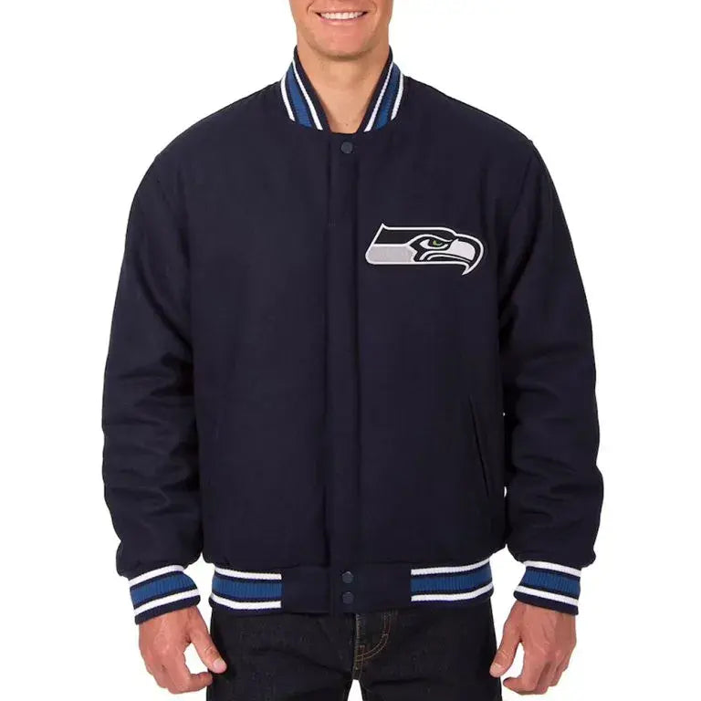 Seattle Seahawks Navy Blue All Wool Men's Varsity Letterman Jacket