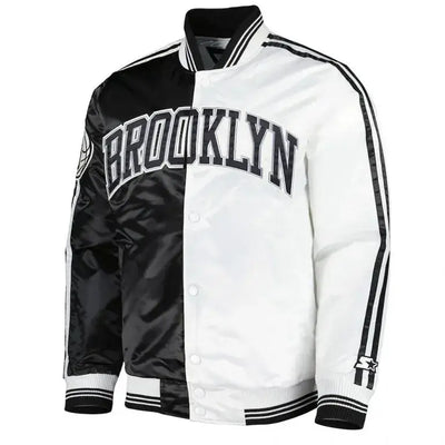 Brooklyn Nets Fast Break Full-Snap Varsity Black and White Satin Men's Bomber Jacket