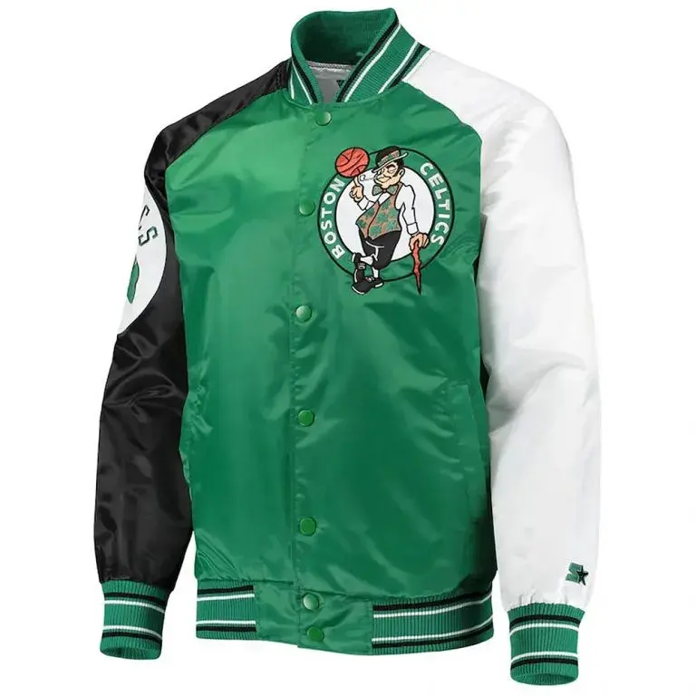 Boston Celtics Reliever Full-Snap Varsity Kelly Green/Black Satin Men's Bomber Jacket