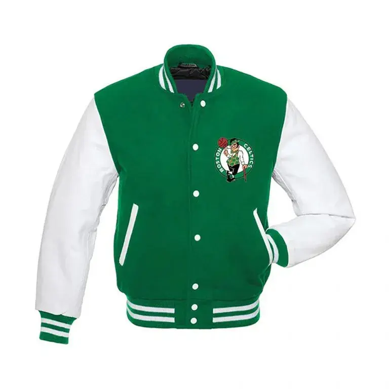 Boston Celtics Green Wool & White Genuine Leather Sleeves Men's Varsity Letterman Jacket