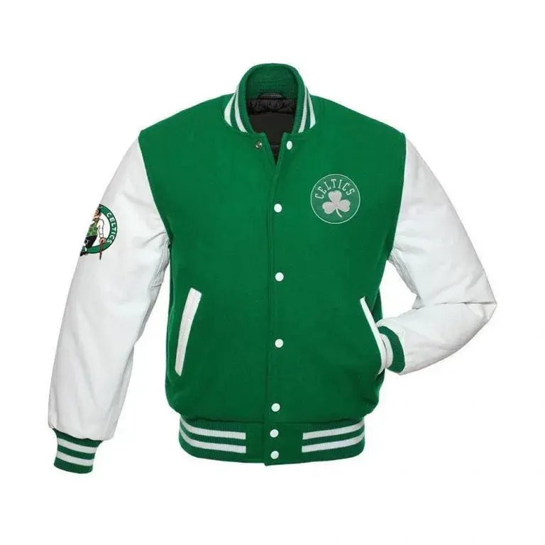 Boston Celtics Green Wool & White Genuine Leather Sleeves Men's Varsity Letterman Jacket