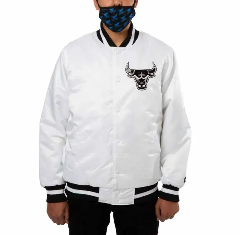 Chicago Bulls Full-Snap Varsity White Satin Men's Bomber Jacket