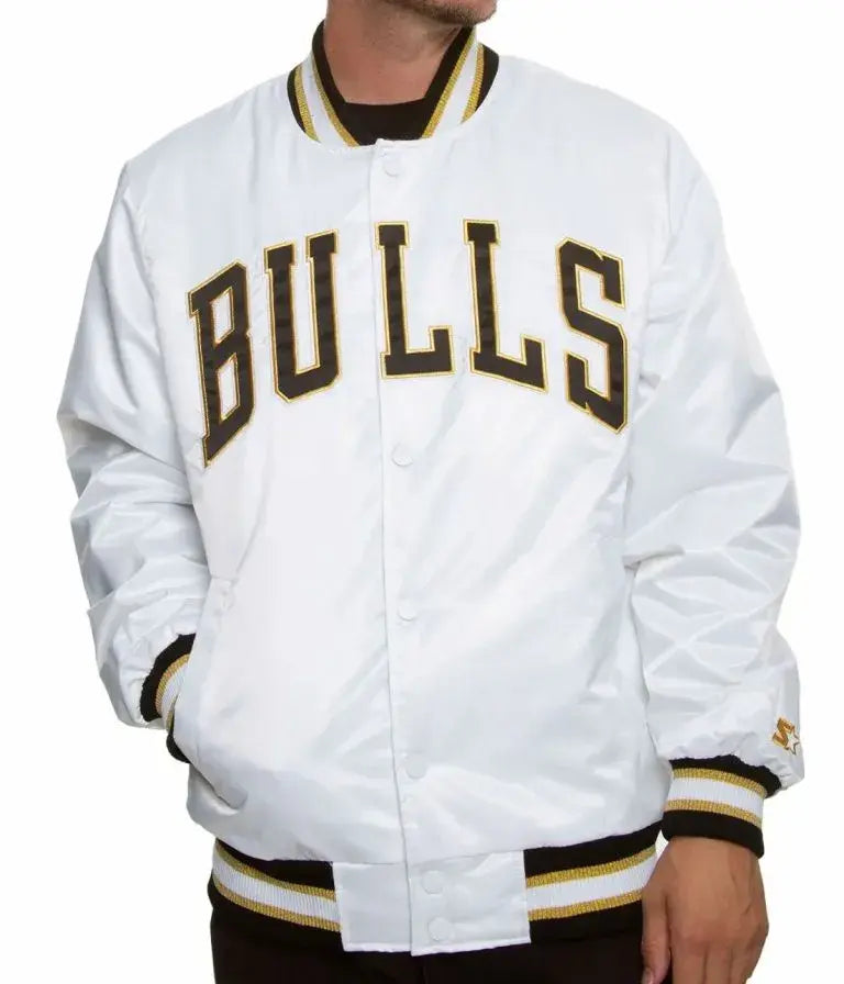 Chicago Bulls Full-Snap Varsity White Satin Men's Bomber Jacket