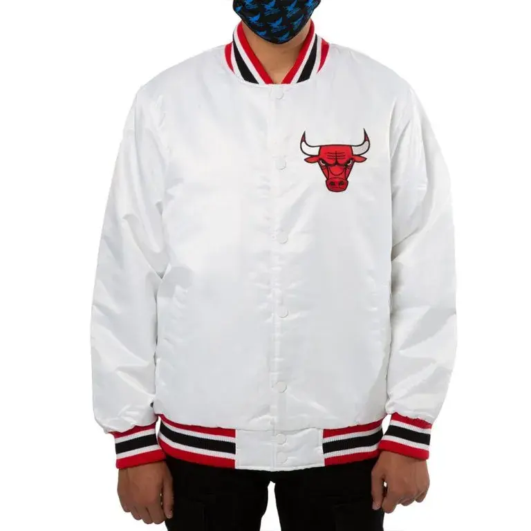 Chicago Bulls Full-Snap Varsity White Satin Men's Bomber Jacket