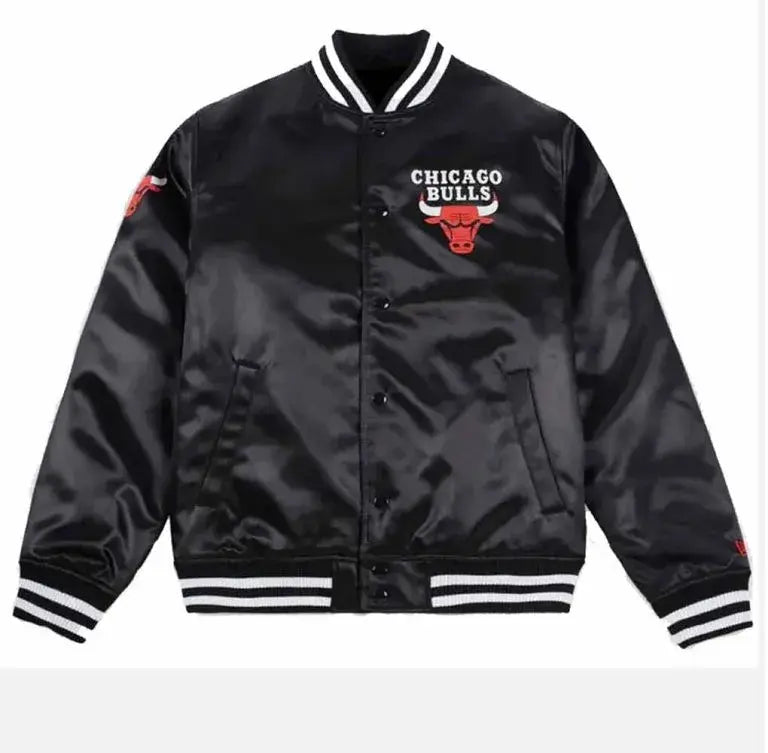 Chicago Bulls Full-Snap Varsity Black Satin Men's Bomber Jacket