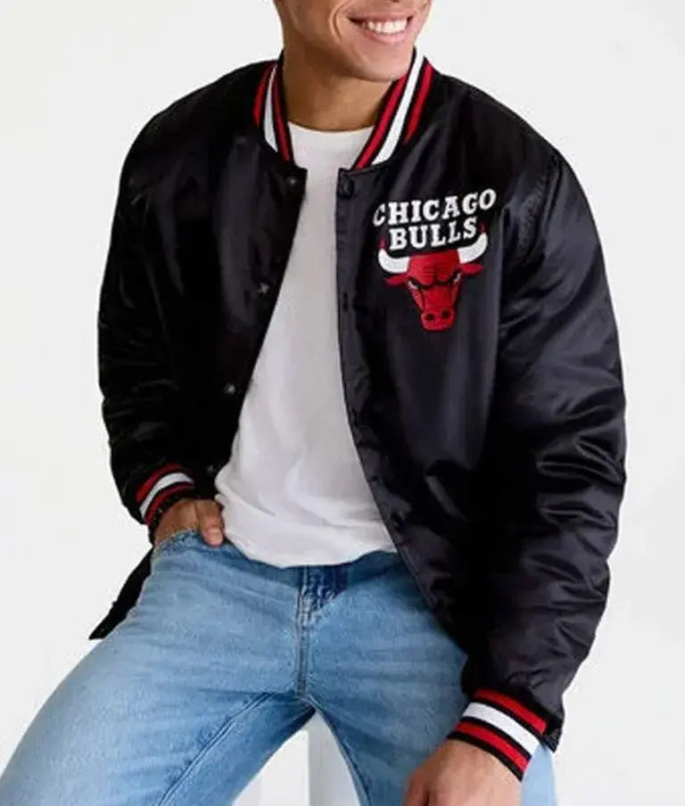 Chicago Bulls Full-Snap Varsity Black Satin Men's Bomber Jacket