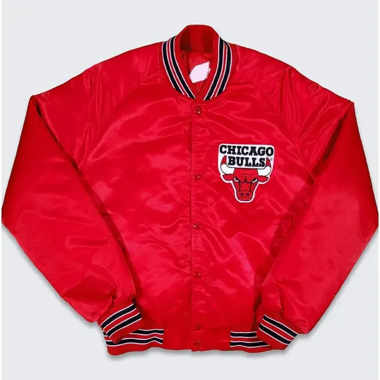 80’s Chicago Bulls Full-Snap Varsity Red Satin Men's Bomber Jacket