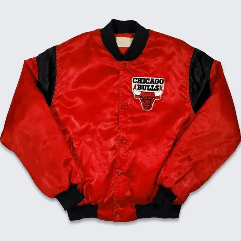 80’s Chicago Bulls Full-Snap Varsity Red Satin Men's Bomber Jacket