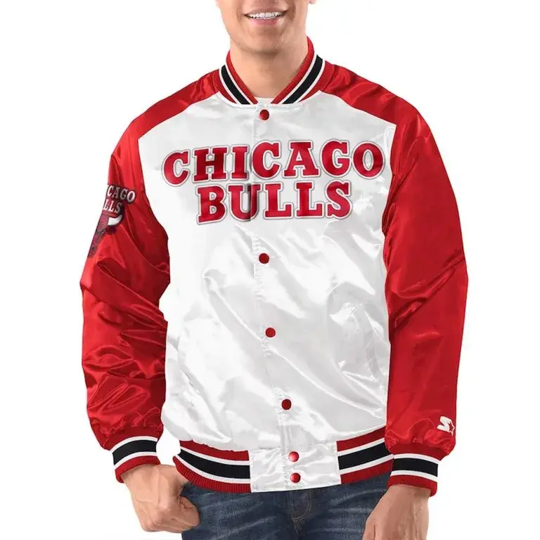 Chicago Bulls Renegade Full-Snap Varsity Red/White Satin Men's Bomber Jacket