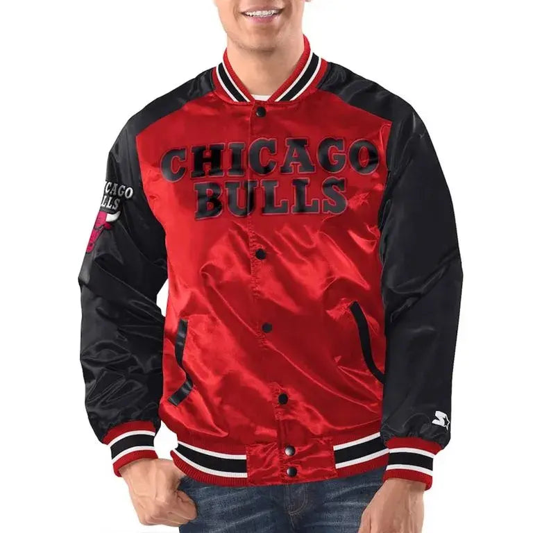 Chicago Bulls Renegade Full-Snap Varsity Black/Red Satin Men's Bomber Jacket