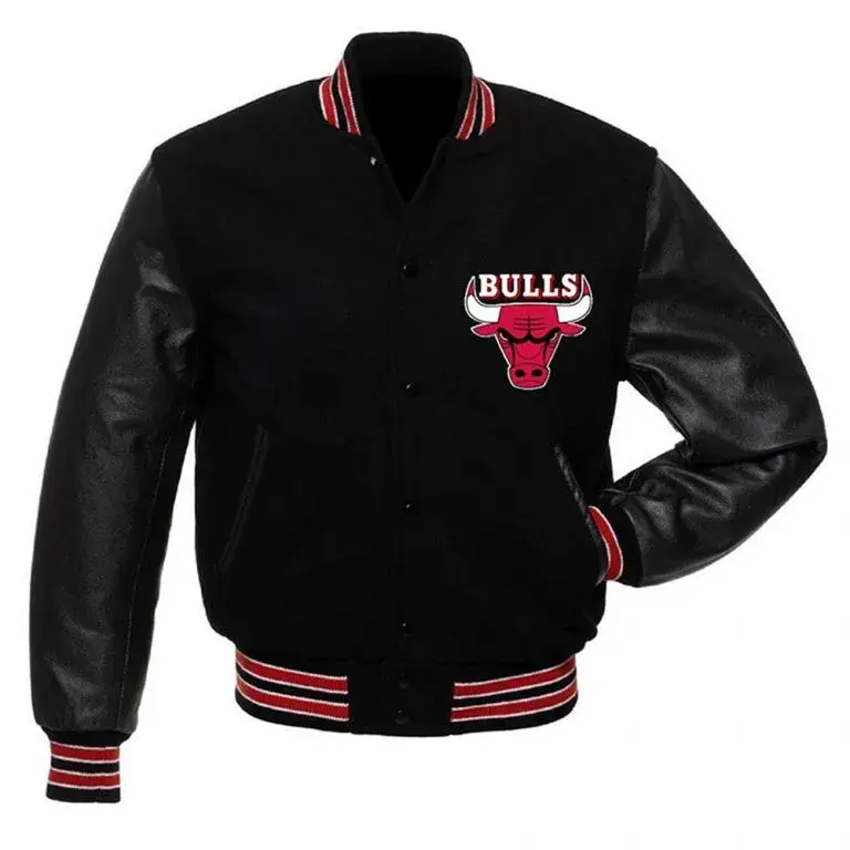 Chicago Bulls College Black Wool & Genuine Leather Sleeves Men's Varsity Letterman Jacket