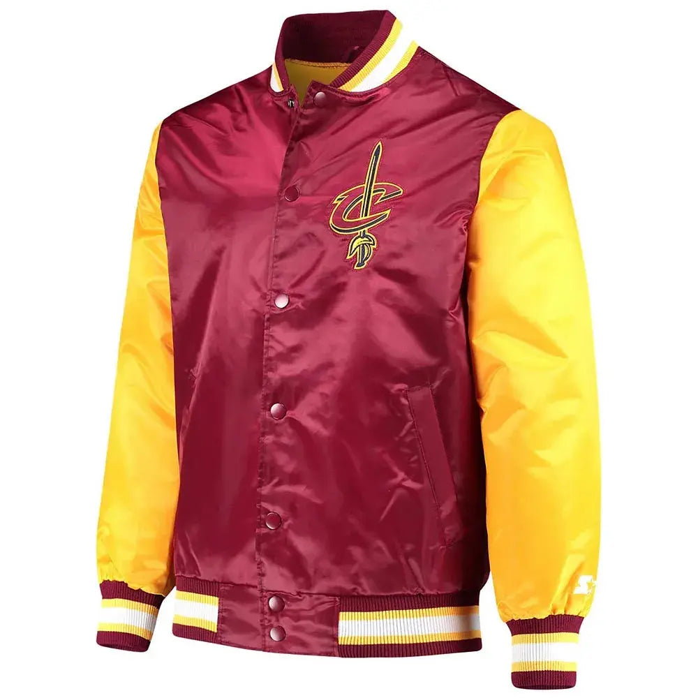Cleveland Cavaliers Leader Full-Snap Varsity Burgundy and Yellow Satin Men's Bomber Jacket