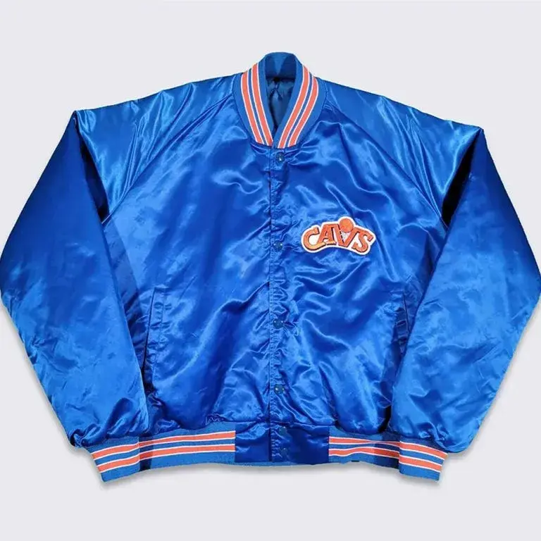 80’s Cleveland Cavaliers Full-Snap Varsity Blue Satin Men's Bomber Jacket