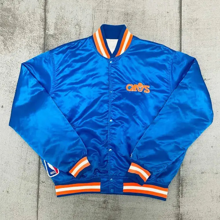 80’s Cleveland Cavaliers Full-Snap Varsity Blue Satin Men's Bomber Jacket