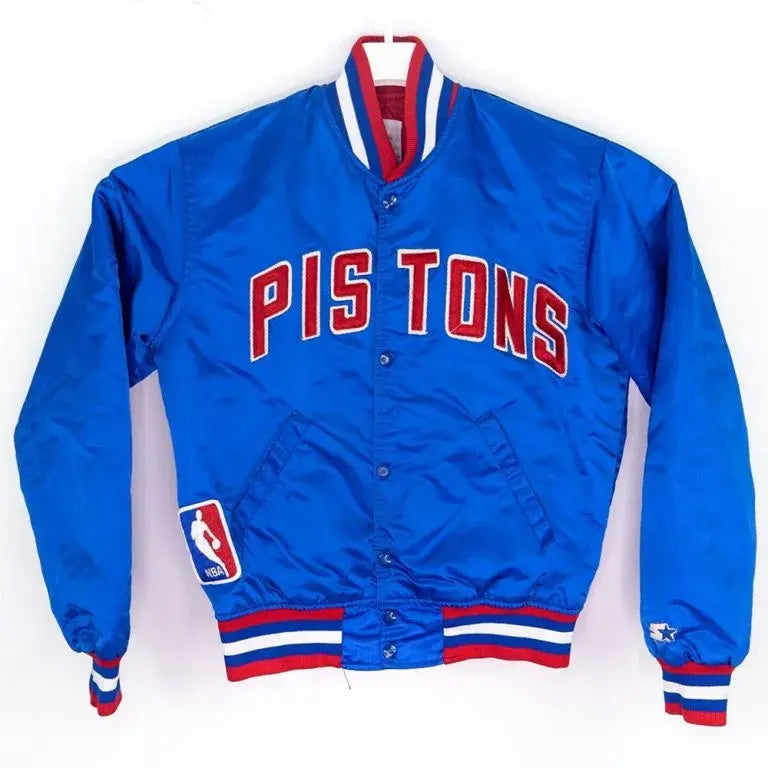 90’s NBA Detroit Pistons Full-Snap Varsity Blue Satin Men's Bomber Jacket