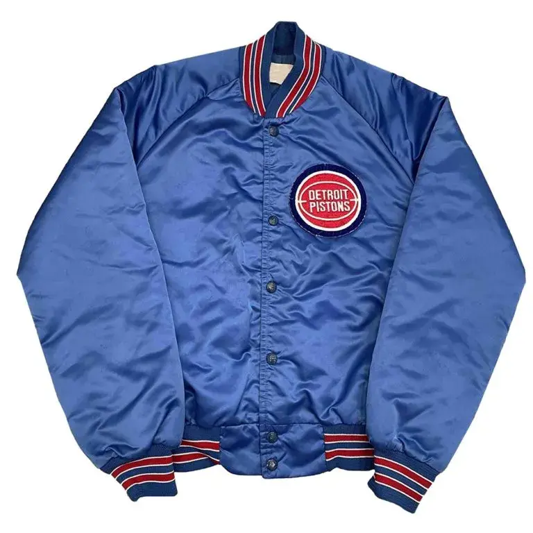 90’s NBA Detroit Pistons Full-Snap Varsity Blue Satin Men's Bomber Jacket