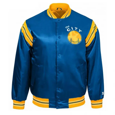 Golden State Warriors Throwback Full-Snap Varsity Royal Blue Satin Men's Bomber Jacket
