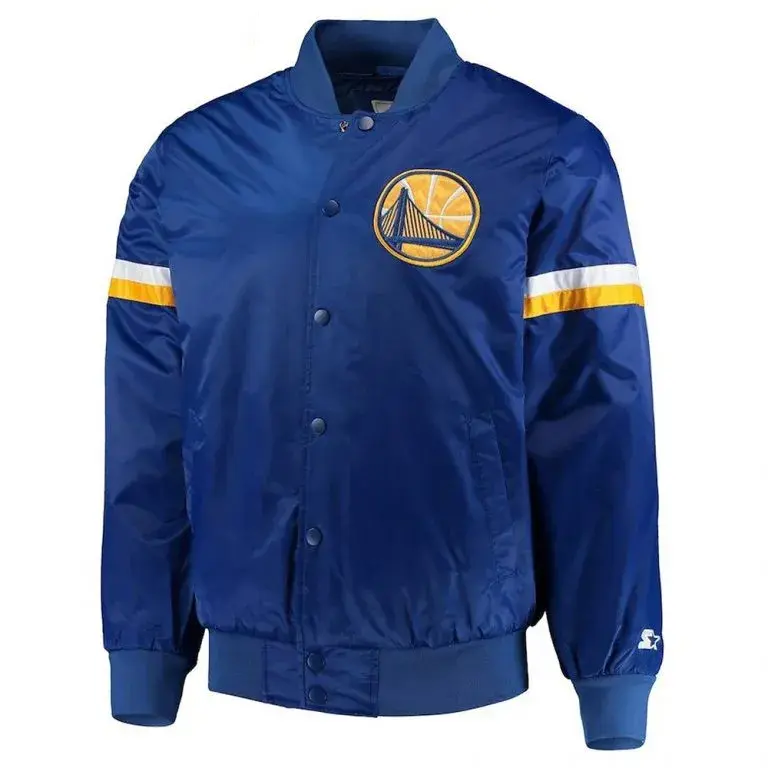 Golden State Warriors Throwback Full-Snap Varsity Royal Blue Satin Men's Bomber Jacket