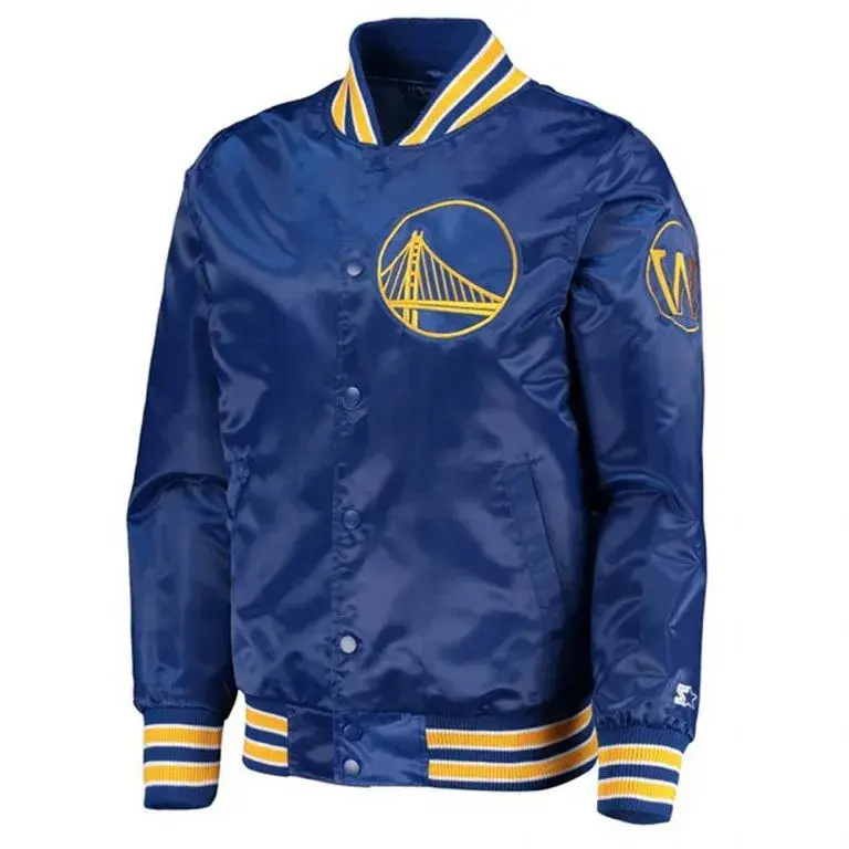 Golden State Warriors Throwback Full-Snap Varsity Royal Blue Satin Men's Bomber Jacket