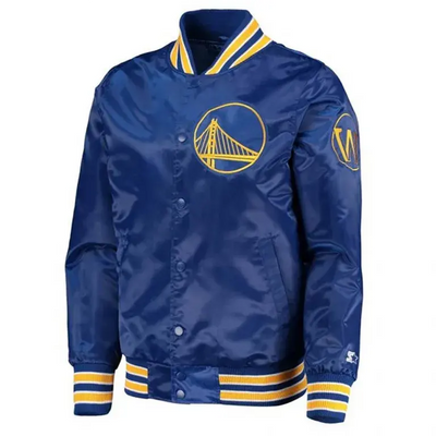 Golden State Warriors Throwback Full-Snap Varsity Royal Blue Satin Men's Bomber Jacket