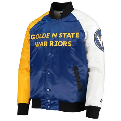 Golden State Warriors Full-Snap Varsity Tri-Color Satin Men's Bomber Jacket