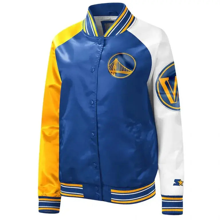 Golden State Warriors Full-Snap Varsity Tri-Color Satin Men's Bomber Jacket