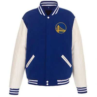 Golden State Warriors Domestic Varsity Blue Wool & White Genuine Leather Sleeves Men's Bomber Jacket