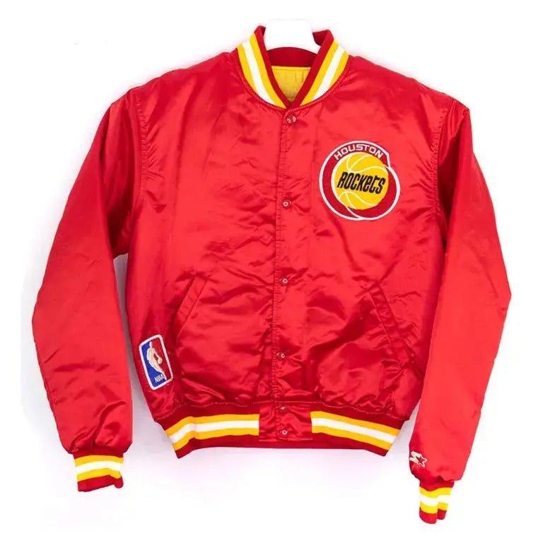 80’s Houston Rockets Full-Snap Varsity Red Satin Men's Bomber Jacket