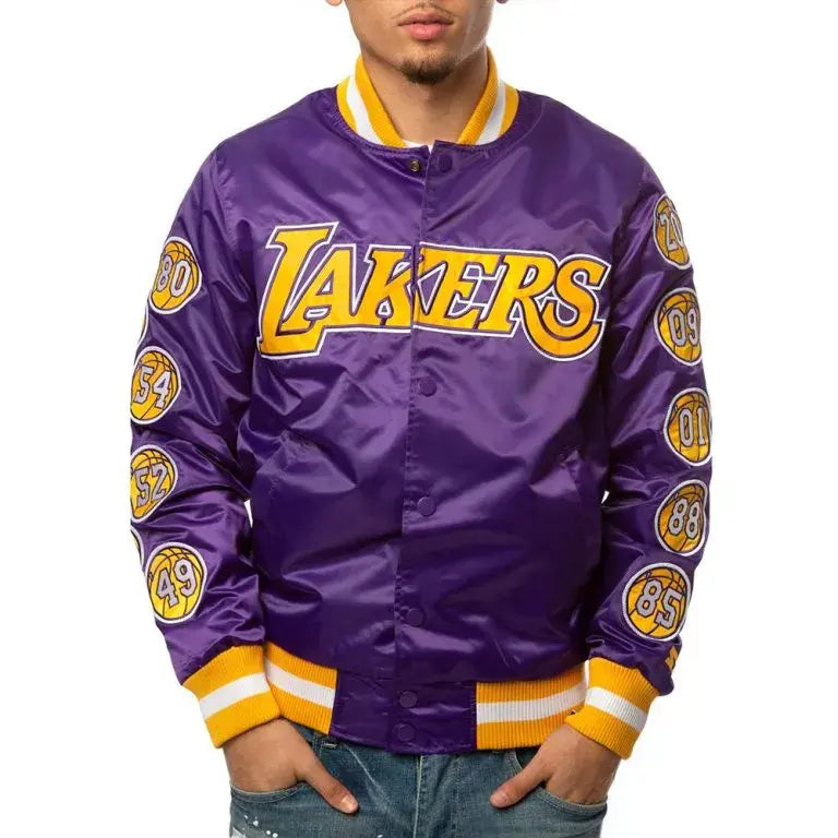 Los Angeles Lakers Champs 17 Patches Full-Snap Varsity Purple Satin Men's Bomber Jacket