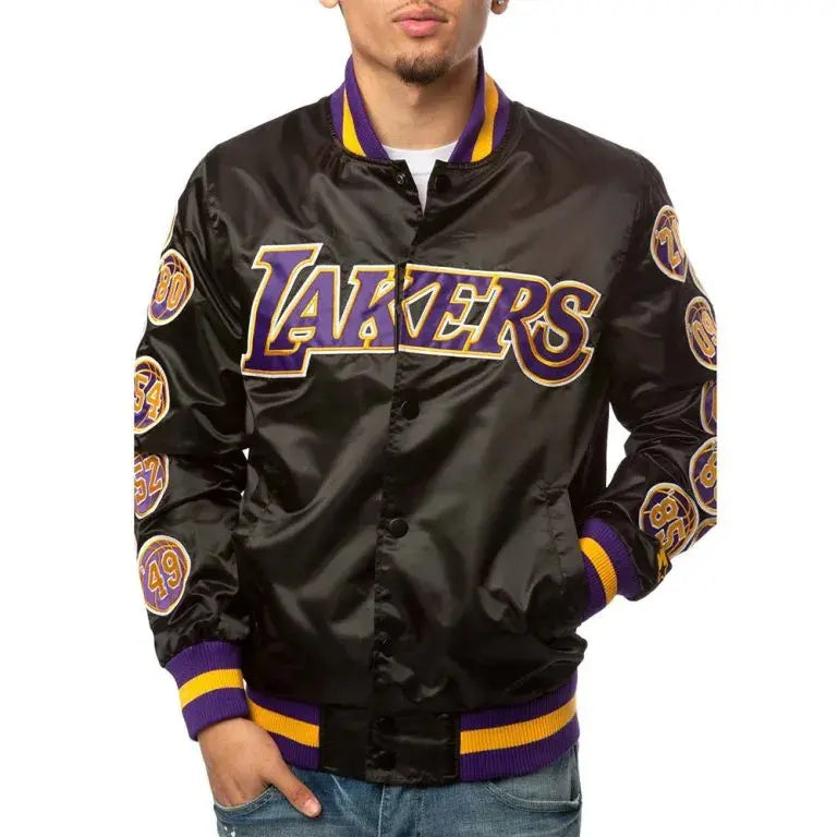 Los Angeles Lakers Champs 17 Patches Full-Snap Varsity Black Satin Men's Bomber Jacket