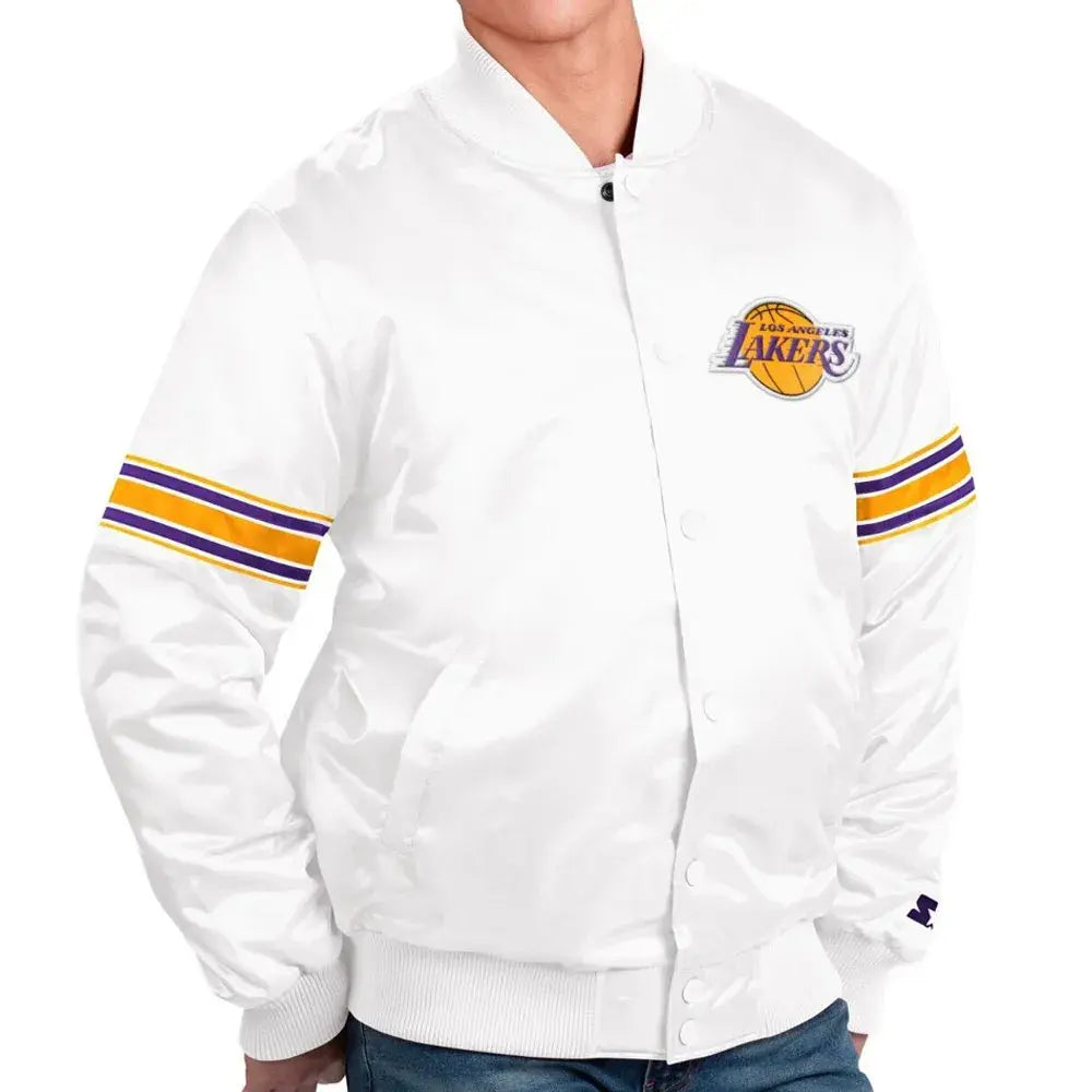 Los Angeles Lakers Forward Power Full-Snap Varsity White Satin Men's Bomber Jacket
