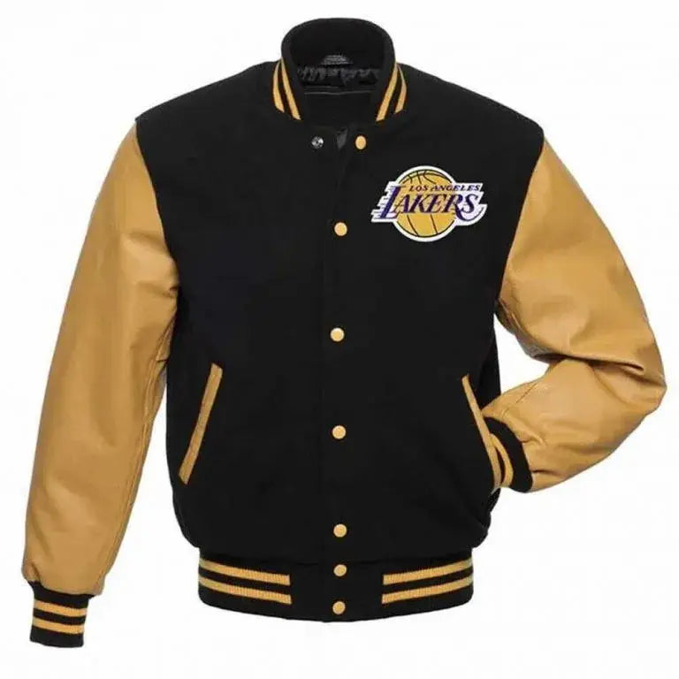 Los Angeles Lakers Varsity Black Wool & Gold Genuine Leather Sleeves Men's Bomber Jacket