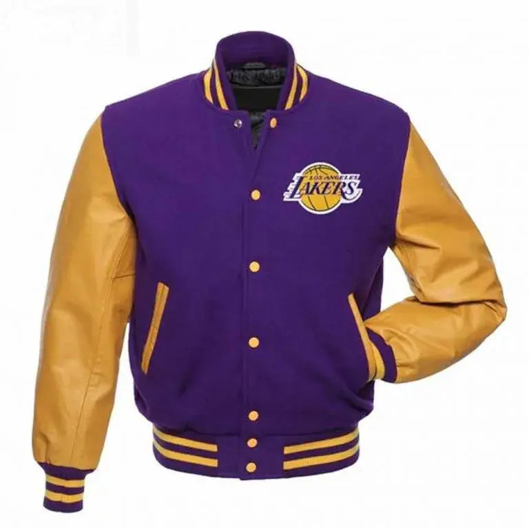 Los Angeles Lakers Varsity Purple Wool & Gold Genuine Leather Sleeves Men's Bomber Jacket