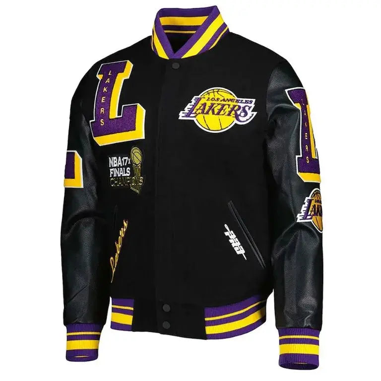 Los Angeles Lakers Mash Up Capsule Varsity Black Wool & Genuine Leather Sleeves Men's Bomber Jacket