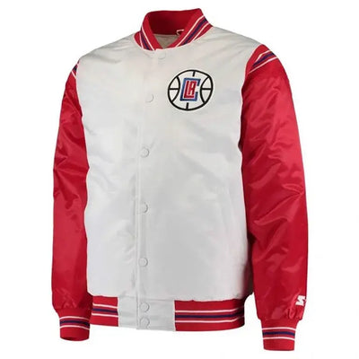 Los Angeles Clippers Full-Snap Varsity Red & White Satin Men's Bomber Jacket