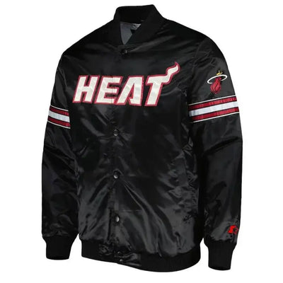 Miami Heat Pick & Roll Full-Snap Varsity Black Satin Men's Bomber Jacket