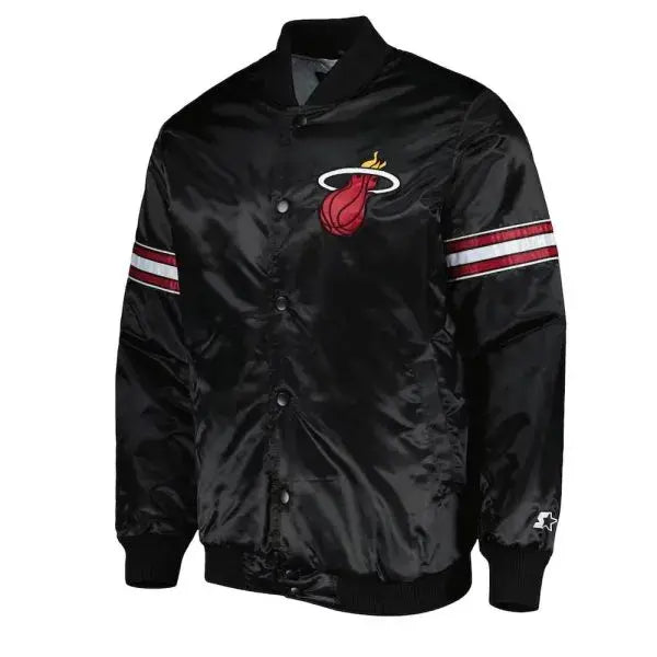 Miami Heat Pick & Roll Full-Snap Varsity Black Satin Men's Bomber Jacket