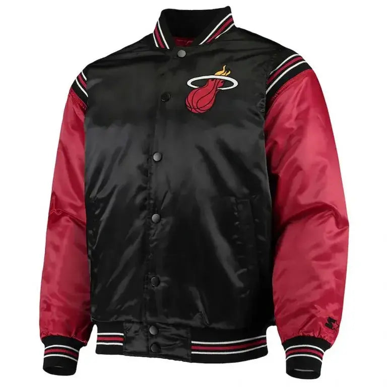 Miami Heat Tough Season Full-Snap Varsity Red and Black Satin Men's Bomber Jacket