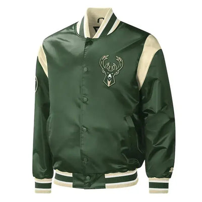 Milwaukee Bucks Force Play Full-Snap Varsity Green Satin Men's Bomber Jacket