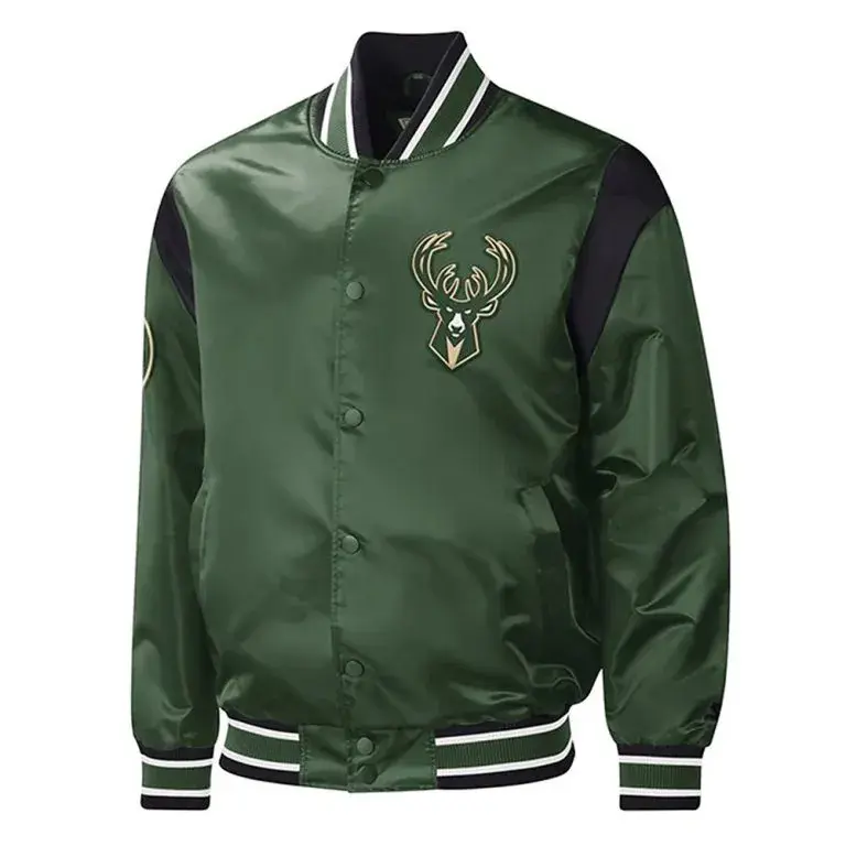 Milwaukee Bucks Force Play Full-Snap Varsity Green Satin Men's Bomber Jacket