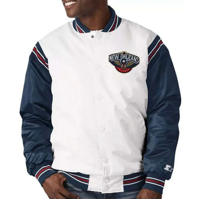 New Orleans Pelicans Full-Snap Varsity White and Navy Blue Satin Men's Bomber Jacket