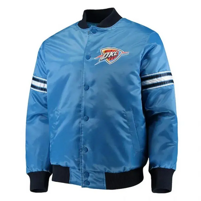 Oklahoma City Thunder Pick Full-Snap Varsity Blue Satin Men's Bomber Jacket