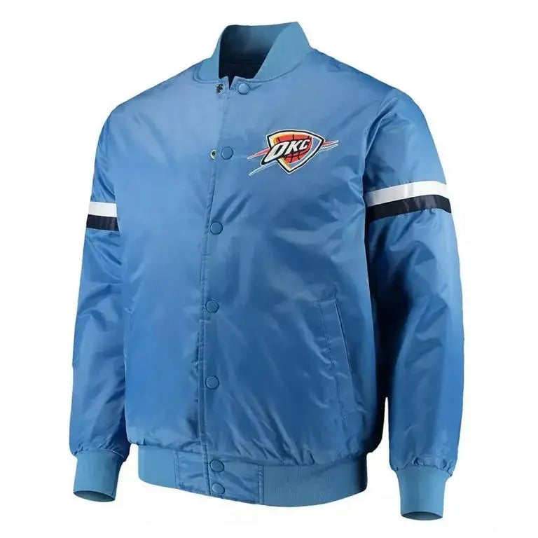 Oklahoma City Thunder Pick Full-Snap Varsity Blue Satin Men's Bomber Jacket