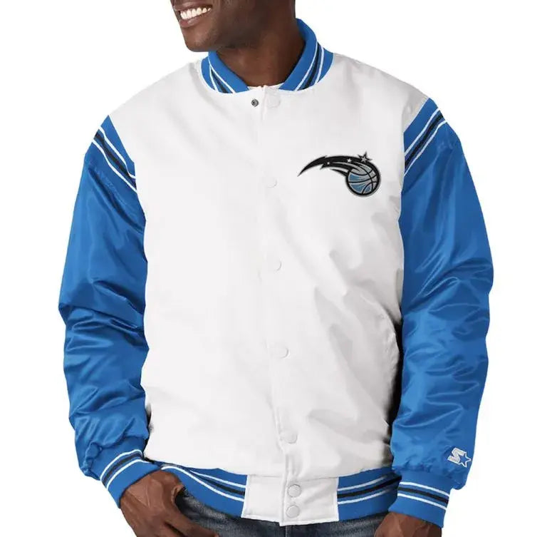 Orlando Magic Renegade Full-Snap Varsity White and Blue Satin Men's Bomber Jacket