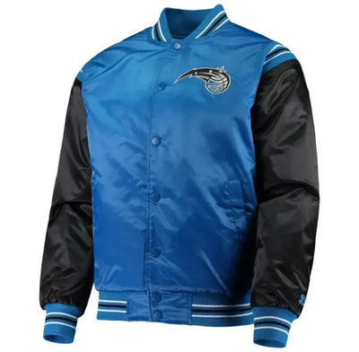 Orlando Magic Renegade Full-Snap Varsity Black and Blue Satin Men's Bomber Jacket
